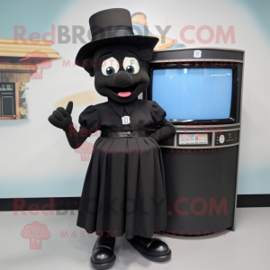 Black Television mascot costume character dressed with a A-Line Skirt and Caps