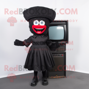 Black Television mascot costume character dressed with a A-Line Skirt and Caps