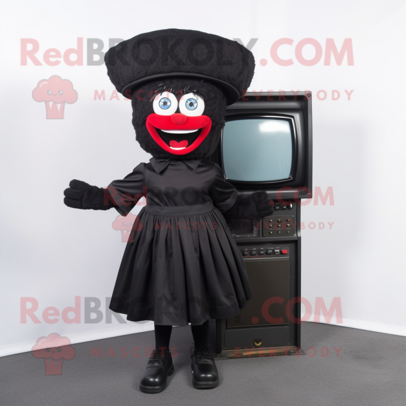 Black Television mascot costume character dressed with a A-Line Skirt and Caps Black Television mascot costume character dressed with a A-Line Skirt and Caps