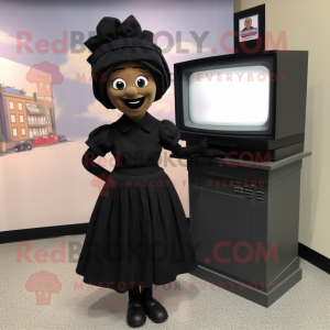 Black Television mascot costume character dressed with a A-Line Skirt and Caps