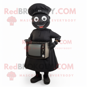Black Television mascot costume character dressed with a A-Line Skirt and Caps