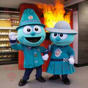 Teal Fire Fighter mascot costume character dressed with a Midi Dress and Scarves
