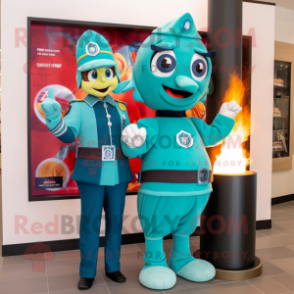 Teal Fire Fighter mascot costume character dressed with a Midi Dress and Scarves