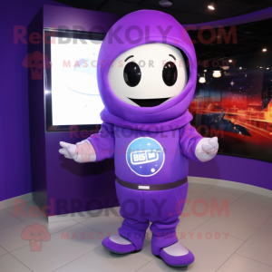 Purple Astronaut mascot costume character dressed with a Hoodie and Shawl pins