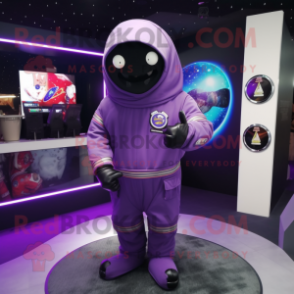 Purple Astronaut mascot costume character dressed with a Hoodie and Shawl pins