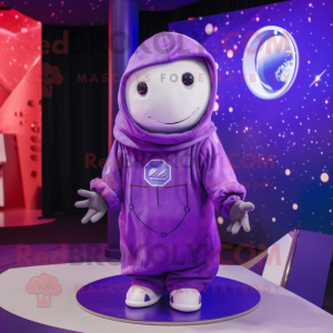 Purple Astronaut mascot costume character dressed with a Hoodie and Shawl pins