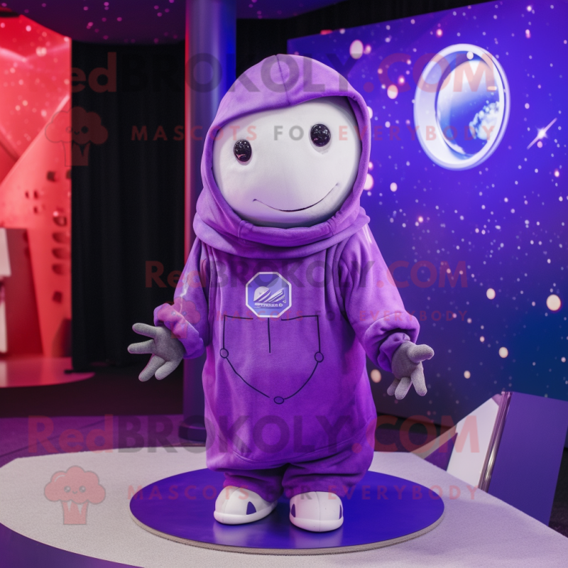 Purple Astronaut mascot costume character dressed with a Hoodie and Shawl pins Purple Astronaut mascot costume character dressed with a Hoodie and Shawl pins