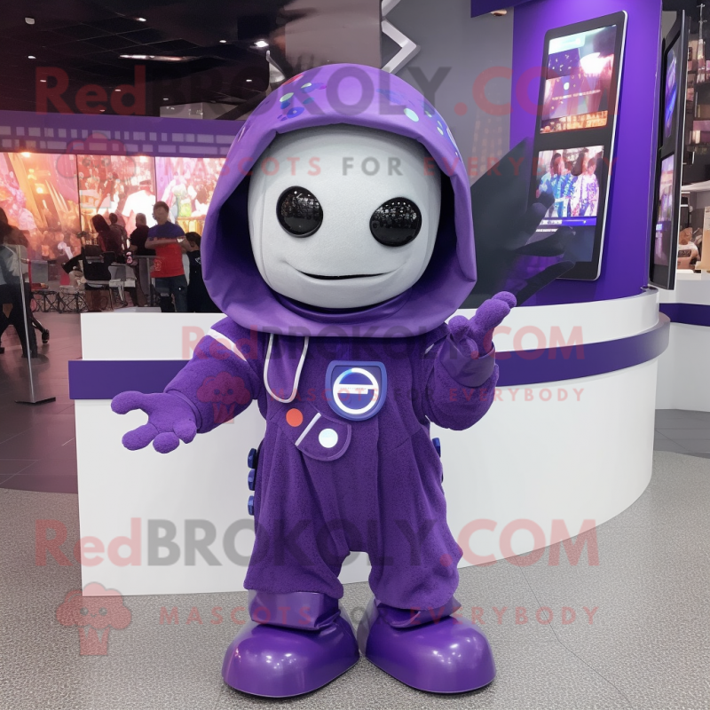 Purple Astronaut mascot costume character dressed with a Hoodie and Shawl pins