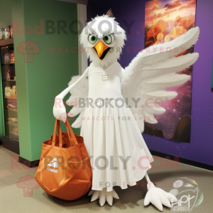 White Harpy mascot costume character dressed with a Ball Gown and Tote bags