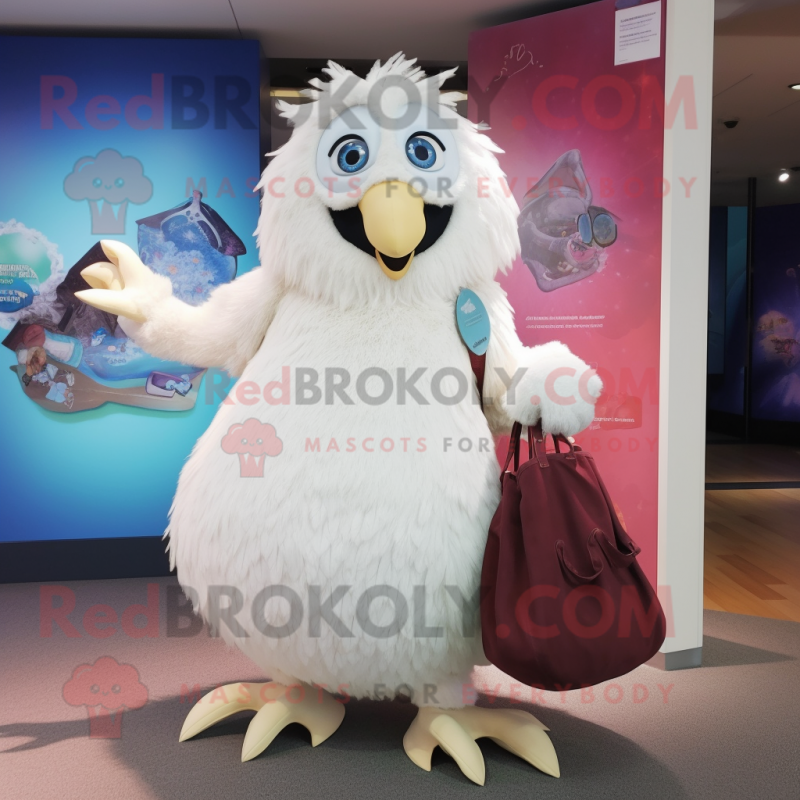 White Harpy mascot costume character dressed with a Ball Gown and Tote bags White Harpy mascot costume character dressed with a Ball Gown and Tote bags