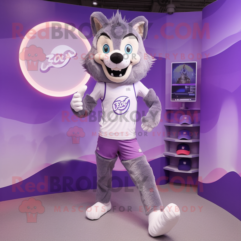 Lavender Wolf mascot costume character dressed with a Running Shorts and Clutch bags