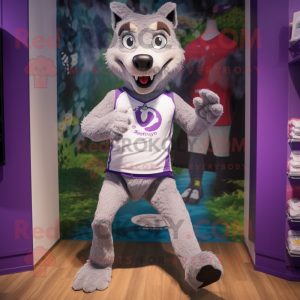 Lavender Wolf mascot costume character dressed with a Running Shorts and Clutch bags