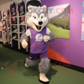 Lavender Wolf mascot costume character dressed with a Running Shorts and Clutch bags