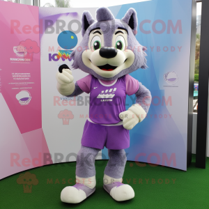 Lavender Wolf mascot costume character dressed with a Running Shorts and Clutch bags