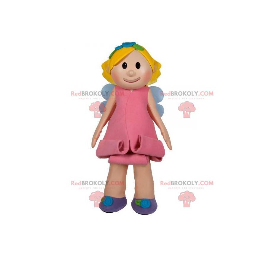 Blond fe flicka maskot med en rosa klänning - Redbrokoly.com