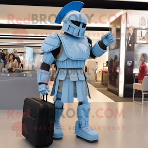 Sky Blue Spartan Soldier mascot costume character dressed with a Shorts and Briefcases