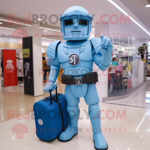 Sky Blue Spartan Soldier mascot costume character dressed with a Shorts and Briefcases