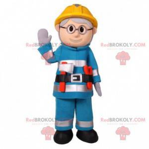 Brandweerman mascotte in blauwe outfit met een helm -