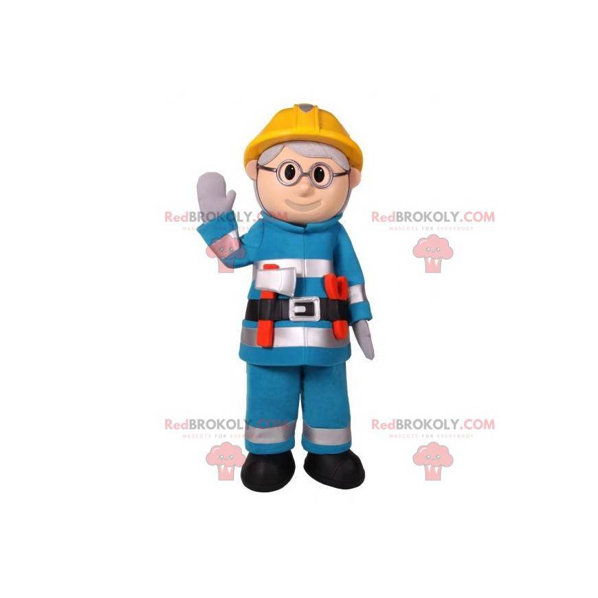 Brandweerman mascotte in blauwe outfit met een helm -