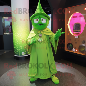 Lime Green Magician mascot costume character dressed with a Mini Dress and Coin purses