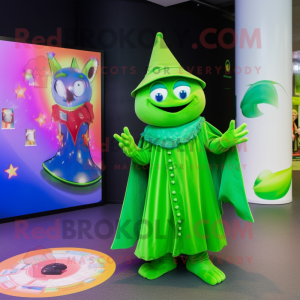 Lime Green Magician mascot costume character dressed with a Mini Dress and Coin purses