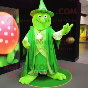 Lime Green Magician mascot costume character dressed with a Mini Dress and Coin purses