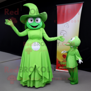 Lime Green Magician mascot costume character dressed with a Mini Dress and Coin purses