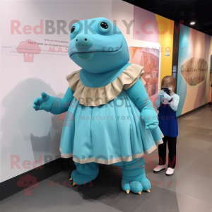 Sky Blue Glyptodon mascot costume character dressed with a A-Line Dress and Wraps