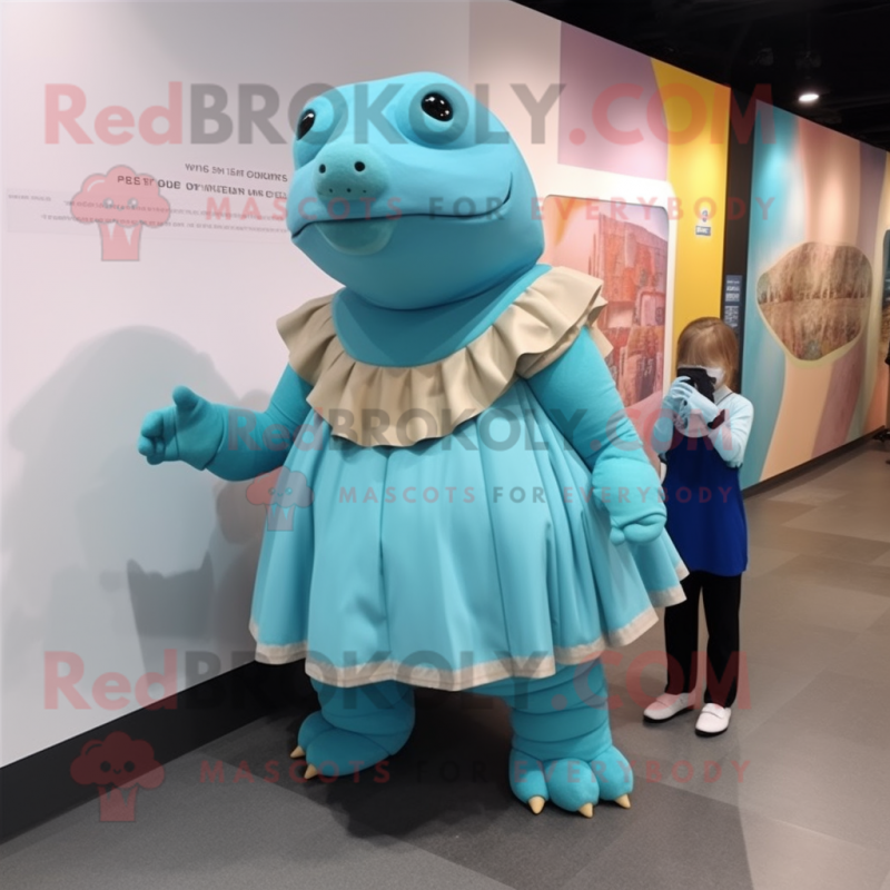 Sky Blue Glyptodon mascot costume character dressed with a A-Line Dress and Wraps Sky Blue Glyptodon mascot costume character dressed with a A-Line Dress and Wraps