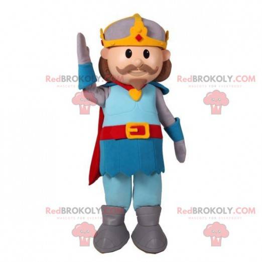 Mascote do príncipe cavaleiro bigodudo com uma capa -
