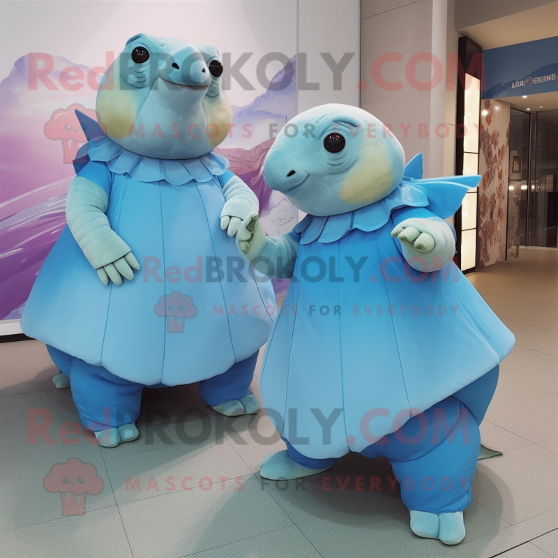 Sky Blue Glyptodon mascot costume character dressed with a A-Line Dress and Wraps Sky Blue Glyptodon mascot costume character dressed with a A-Line Dress and Wraps