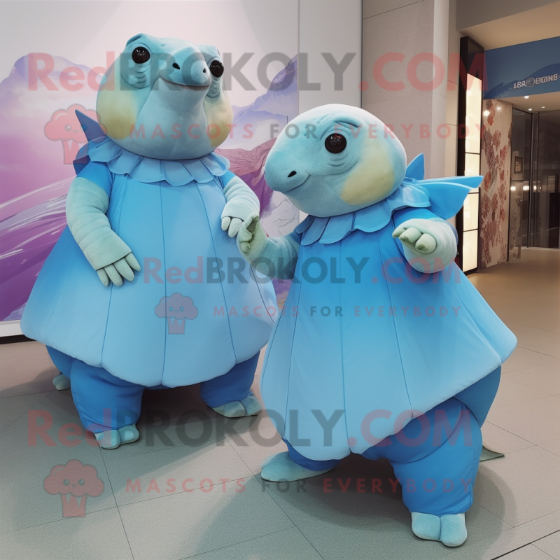 Sky Blue Glyptodon mascot costume character dressed with a A-Line Dress and Wraps