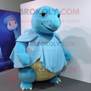 Sky Blue Glyptodon mascot costume character dressed with a A-Line Dress and Wraps