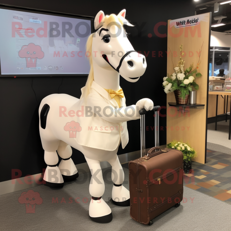 Cream Horse mascot costume character dressed with a Dress and Briefcases Cream Horse mascot costume character dressed with a Dress and Briefcases