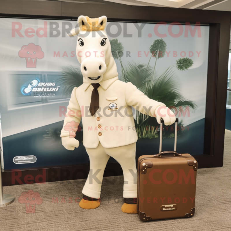 Cream Horse mascot costume character dressed with a Dress and Briefcases