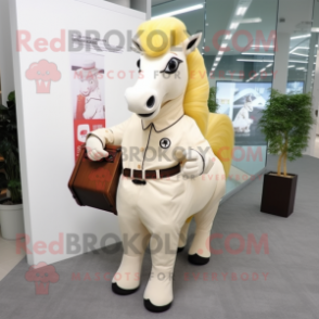 Cream Horse mascot costume character dressed with a Dress and Briefcases