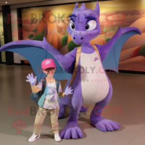 Lavender Pterodactyl mascot costume character dressed with a Mom Jeans and Messenger bags
