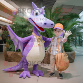 Lavender Pterodactyl mascot costume character dressed with a Mom Jeans and Messenger bags