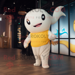 Gold Beluga Whale mascot costume character dressed with a Jeggings and Hairpins