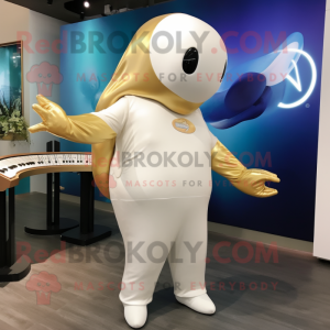 Gold Beluga Whale mascot costume character dressed with a Jeggings and Hairpins
