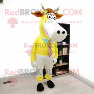 Lemon Yellow Guernsey Cow mascot costume character dressed with a Skinny Jeans and Tie pins