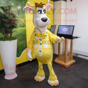 Lemon Yellow Guernsey Cow mascot costume character dressed with a Skinny Jeans and Tie pins