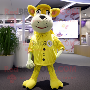 Lemon Yellow Guernsey Cow mascot costume character dressed with a Skinny Jeans and Tie pins