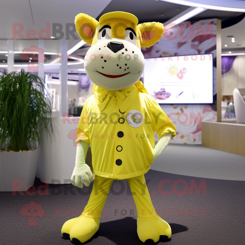 Lemon Yellow Guernsey Cow mascot costume character dressed with a Skinny Jeans and Tie pins Lemon Yellow Guernsey Cow mascot costume character dressed with a Skinny Jeans and Tie pins