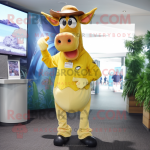 Lemon Yellow Guernsey Cow mascot costume character dressed with a Skinny Jeans and Tie pins