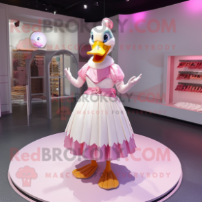 Pink Muscovy Duck mascot costume character dressed with a Pleated Skirt and Rings