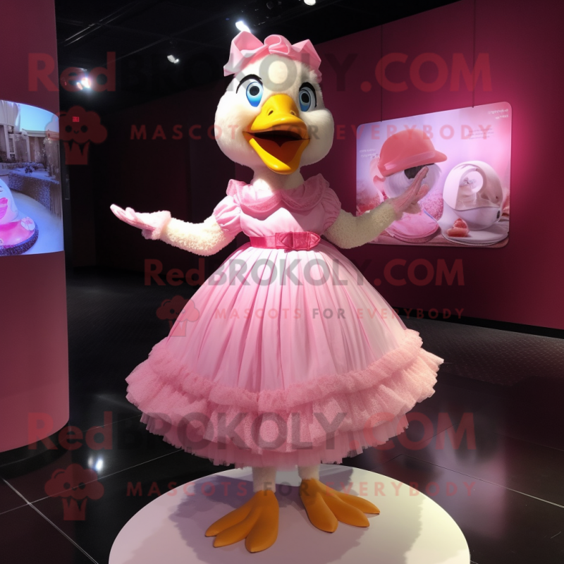 Pink Muscovy Duck mascot costume character dressed with a Pleated Skirt and Rings Pink Muscovy Duck mascot costume character dressed with a Pleated Skirt and Rings