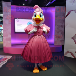 Pink Muscovy Duck mascot costume character dressed with a Pleated Skirt and Rings