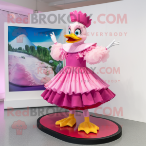 Pink Muscovy Duck mascot costume character dressed with a Pleated Skirt and Rings