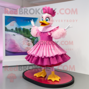 Pink Muscovy Duck mascot costume character dressed with a Pleated Skirt and Rings